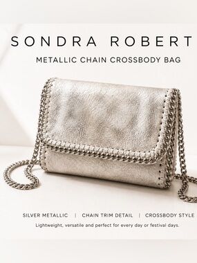 Sondra Roberts Silver Metallic Chain Crossbody Bag Y2K Boho Festival Purse